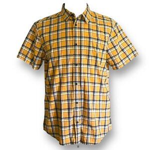 Prana Mens Shirt Sz Large Yellow Blue Plaid Slim Fit Short Sleeve Organic Cotton